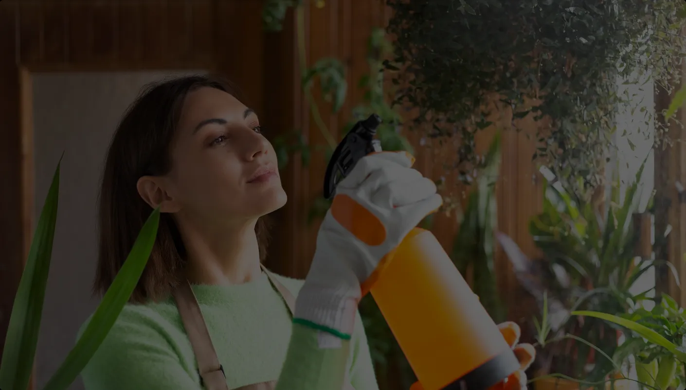 A homeowner tending to houseplants in a bright, pest-free home